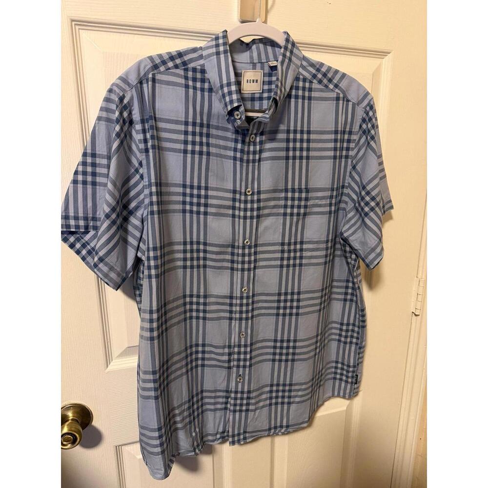 ROWM Blue Plaid Button Down Shirt Men’s Large Short Sleeve Cotton Casual